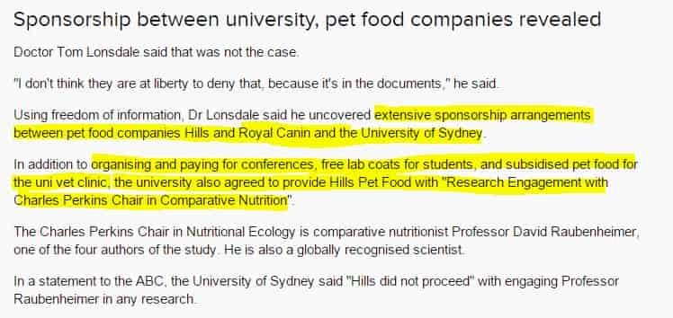 Are vets nutritionists? Part II 1 Sponsorship of veterinary studies from Hills and Royal Canin